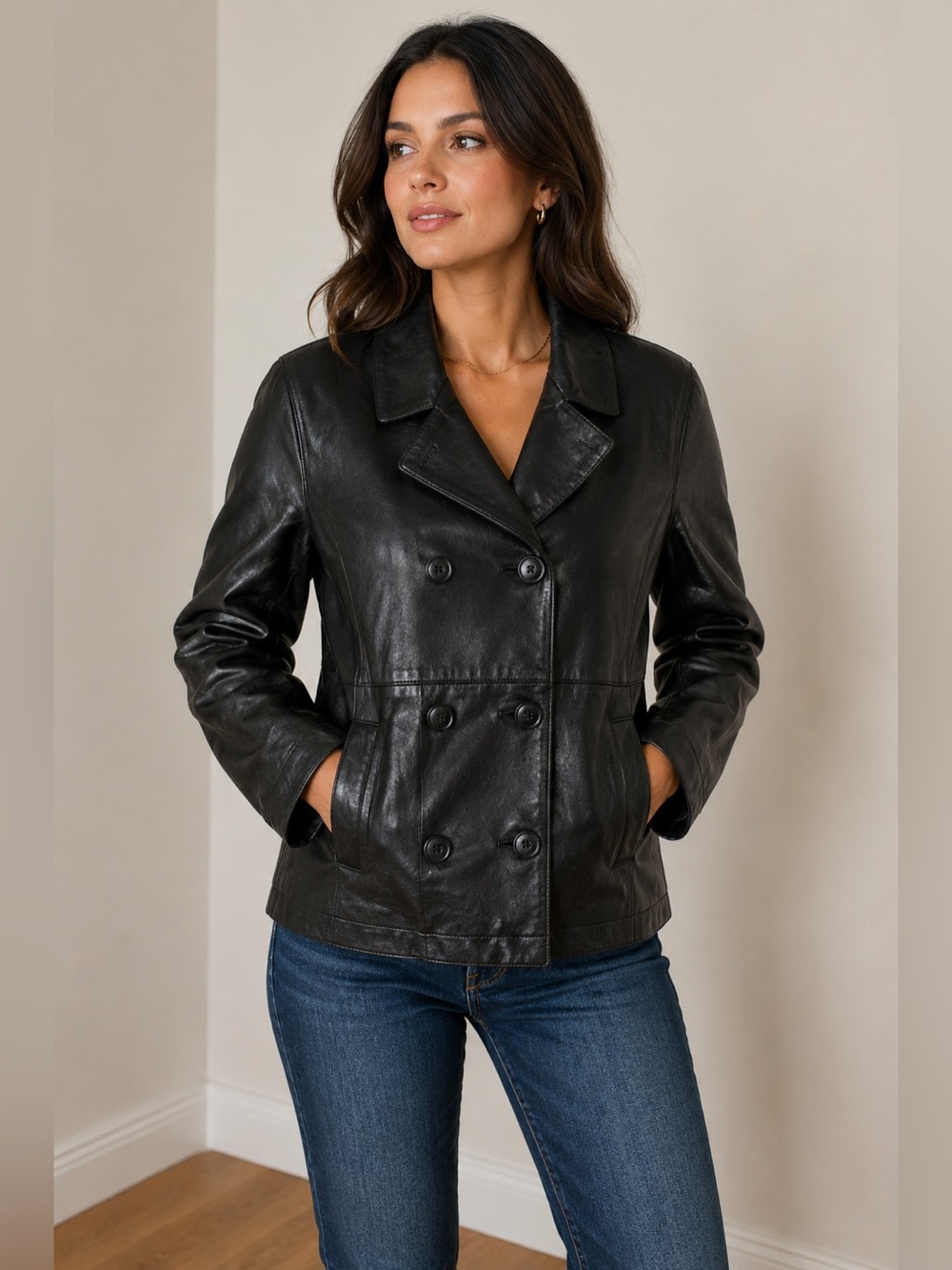 Rem Garson Genuine Leather Jacket Womens Black Double Breasted Coat Size M